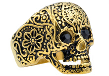 Load image into Gallery viewer, Mens Gold Stainless Steel Skull Ring With Black Cubic Zirconia - Blackjack Jewelry
