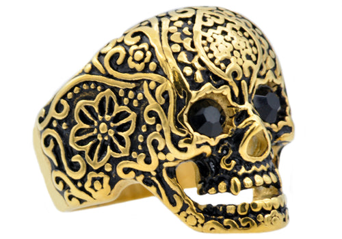 Mens Gold Stainless Steel Skull Ring With Black Cubic Zirconia - Blackjack Jewelry