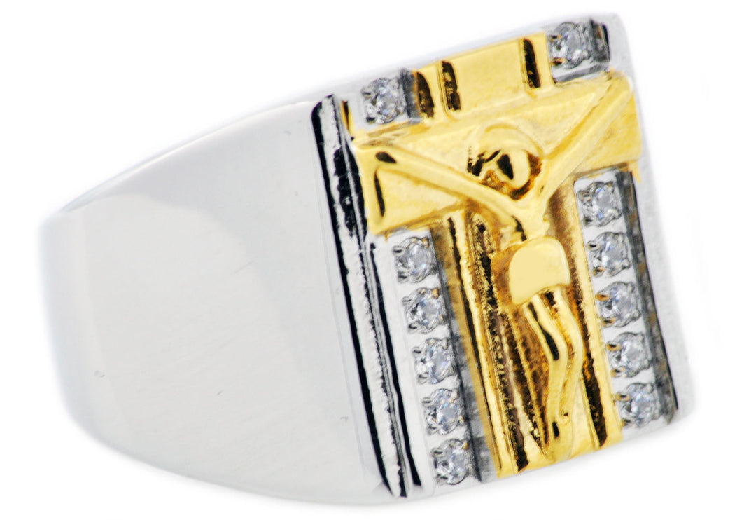 Mens Gold Stainless Steel Cross Ring With Cubic Zirconia - Blackjack Jewelry