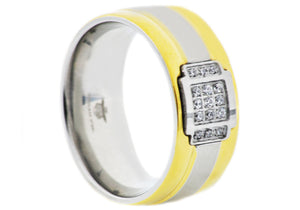 Mens Gold Stainless Steel Band With Cubic Zirconia - Blackjack Jewelry