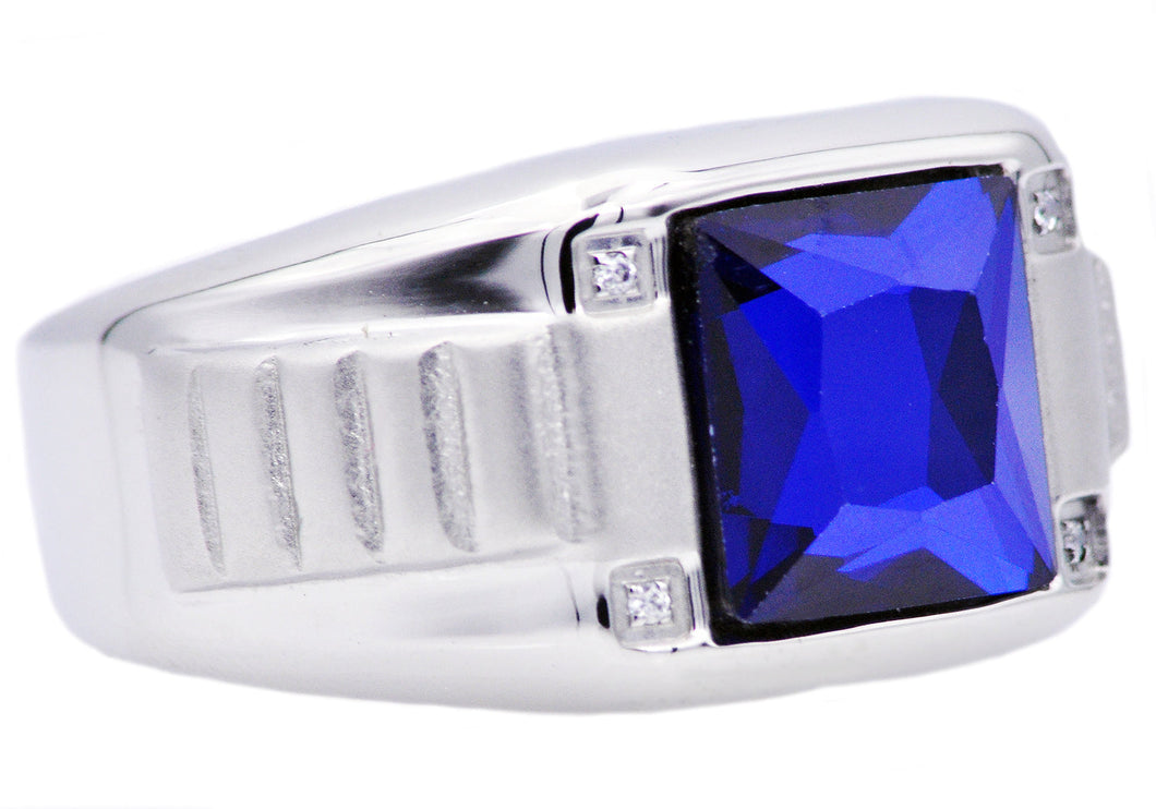 Mens Genuine Blue Spinel And Stainless Steel Ring With Cubic Zirconia - Blackjack Jewelry