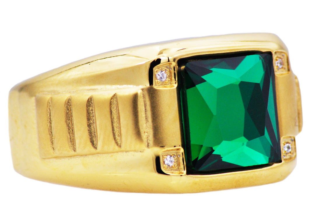 Mens Genuine Green Spinel And Gold Stainless Steel Ring With Cubic Zirconia - Blackjack Jewelry