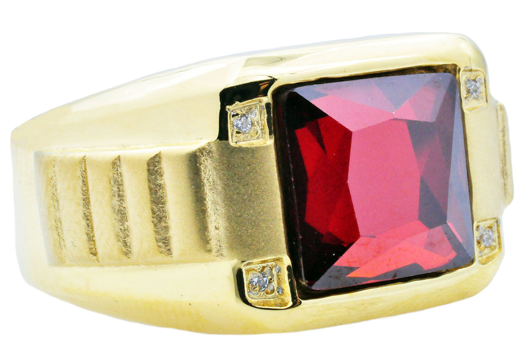 Mens Genuine Red Spinel And Gold Stainless Steel Ring With Cubic Zirconia - Blackjack Jewelry