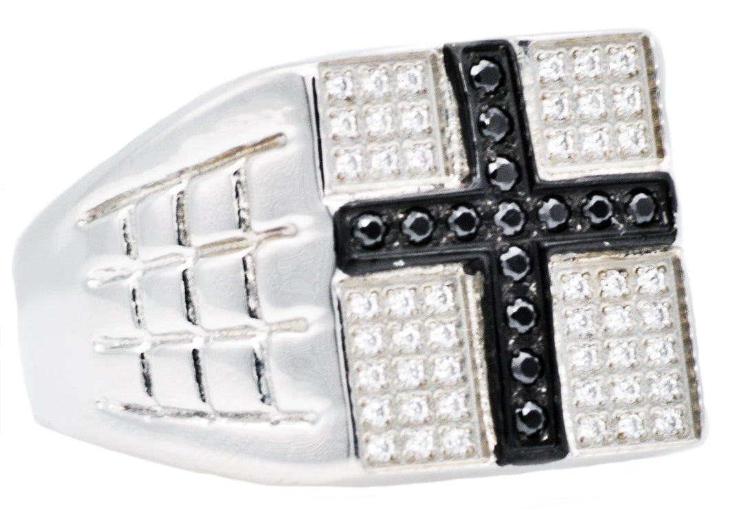 Mens Stainless Steel Cross Ring With White And Black Cubic Zirconia - Blackjack Jewelry