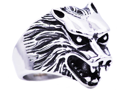 Mens Stainless Steel Wolf Ring - Blackjack Jewelry