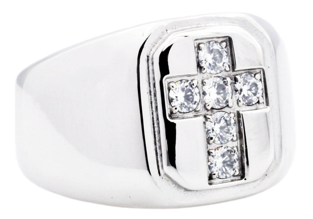 Mens Stainless Steel Cross Ring WIth Cubic Zirconia - Blackjack Jewelry