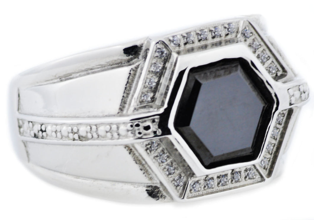 Mens Onyx And Stainless Steel Ring With Cubic Zirconia - Blackjack Jewelry