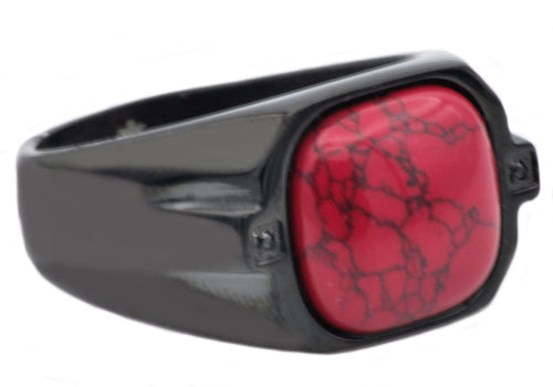 Mens Genuine Blood Stone Black Plated Stainless Steel Ring With Black Cubic Zirconia - Blackjack Jewelry