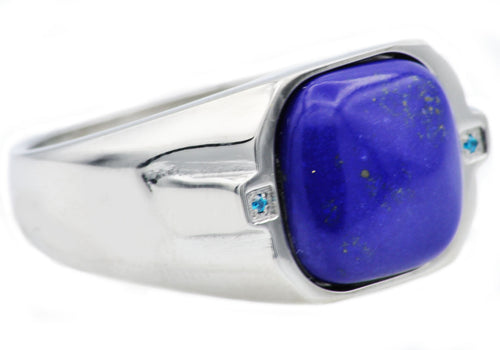 Mens Genuine Lapis Lazuli Stainless Steel Ring With Blue Cubic Zirconia - Blackjack Jewelry