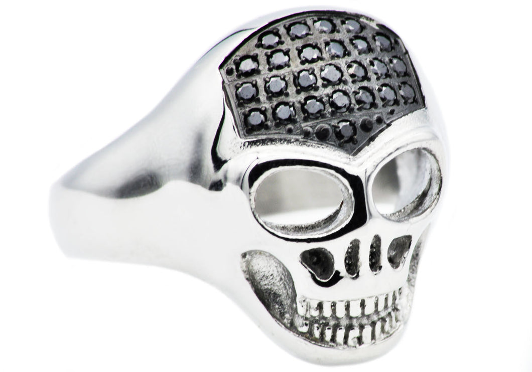 Mens Stainless Steel Skull Ring With Black Cubic Zirconia - Blackjack Jewelry