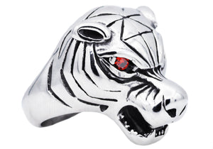 Mens Stainless Steel Tiger Ring With Red Cubic Zirconia - Blackjack Jewelry