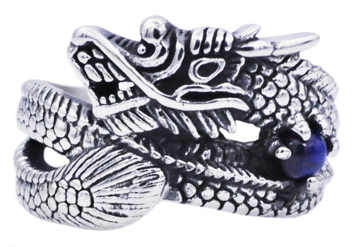 Mens Genuine Blue Tiger Eye Stainless Steel Dragon Ring - Blackjack Jewelry