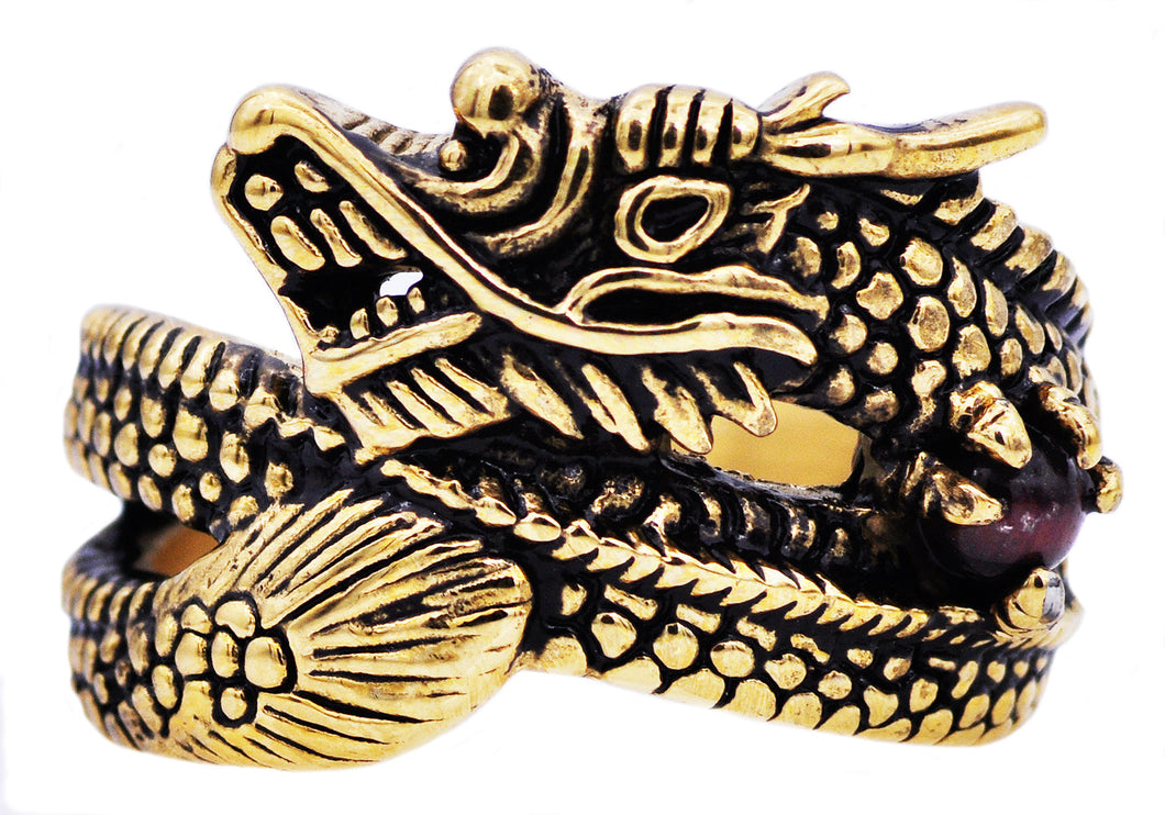 Mens Genuine Tiger Eye Gold Stainless Steel Dragon Ring - Blackjack Jewelry