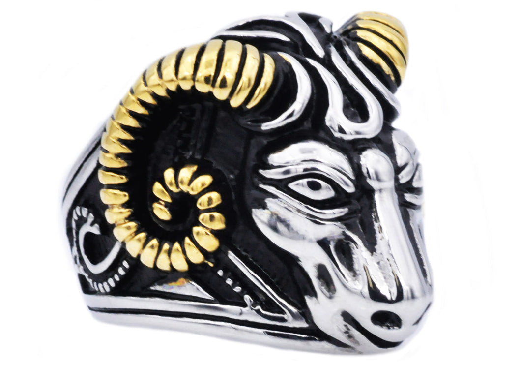 Mens Gold And Black Stainless Steel Ram Ring - Blackjack Jewelry