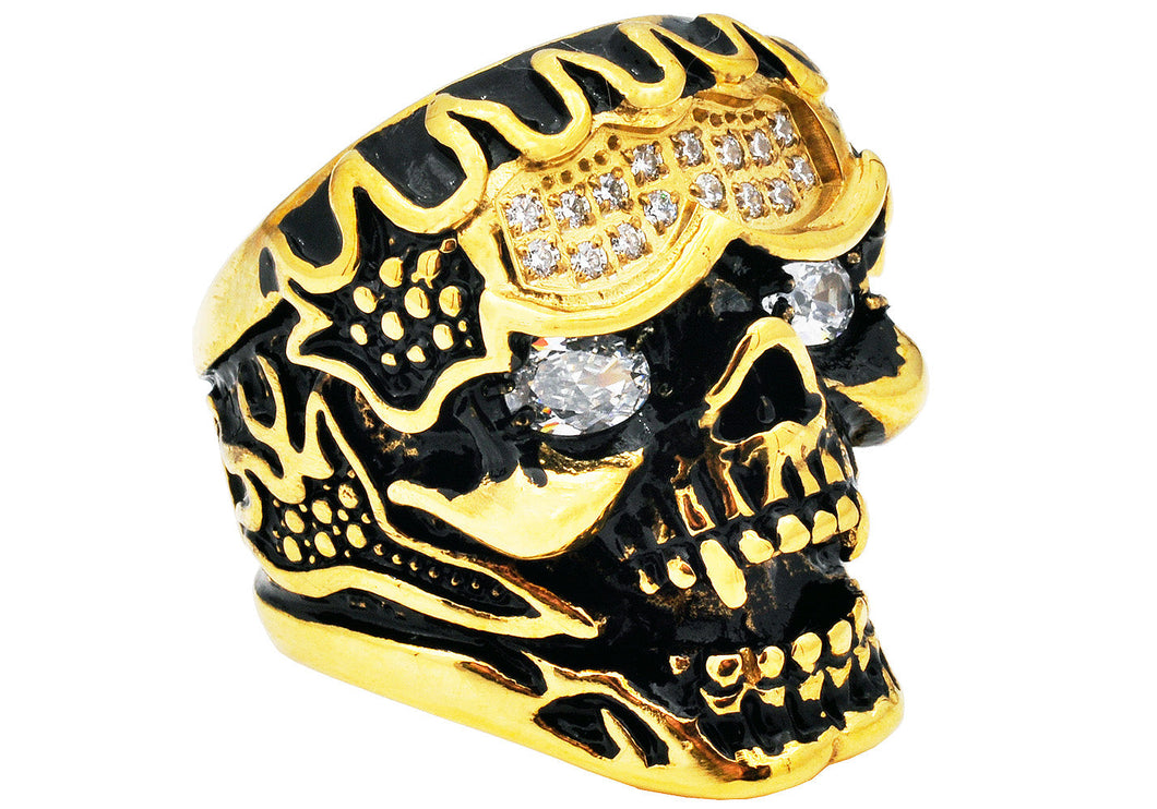 Mens Gold Plated Stainless Steel Skull Ring With Cubic Zirconia