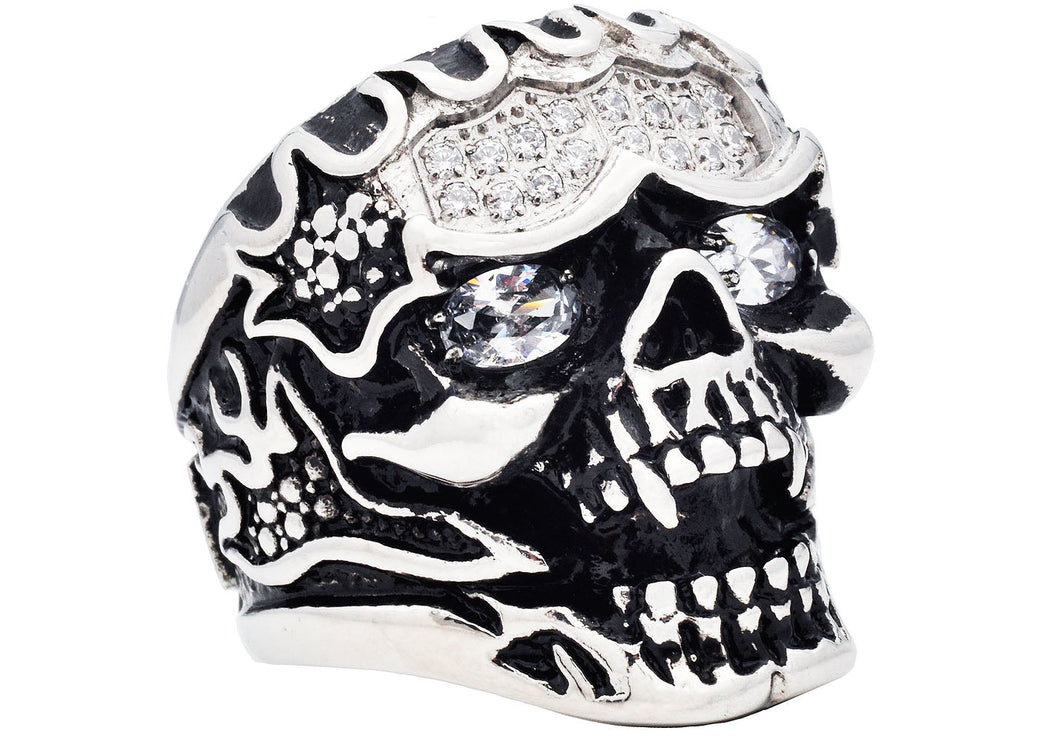 Mens Stainless Steel Skull Ring With Black Cubic Zirconia