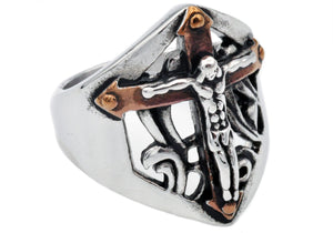 Mens Chocolate Stainless Steel Cross Ring - Blackjack Jewelry