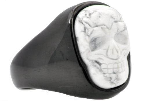 Mens Genuine Howlite Black Plated Stainless Steel Skull Ring - Blackjack Jewelry