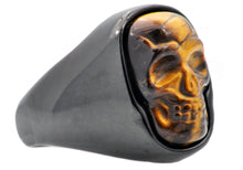 Load image into Gallery viewer, Mens Genuine Tiger Eye Black Plated Stainless Steel Skull Ring - Blackjack Jewelry
