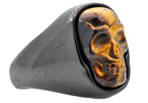 Mens Genuine Tiger Eye Black Plated Stainless Steel Skull Ring - Blackjack Jewelry