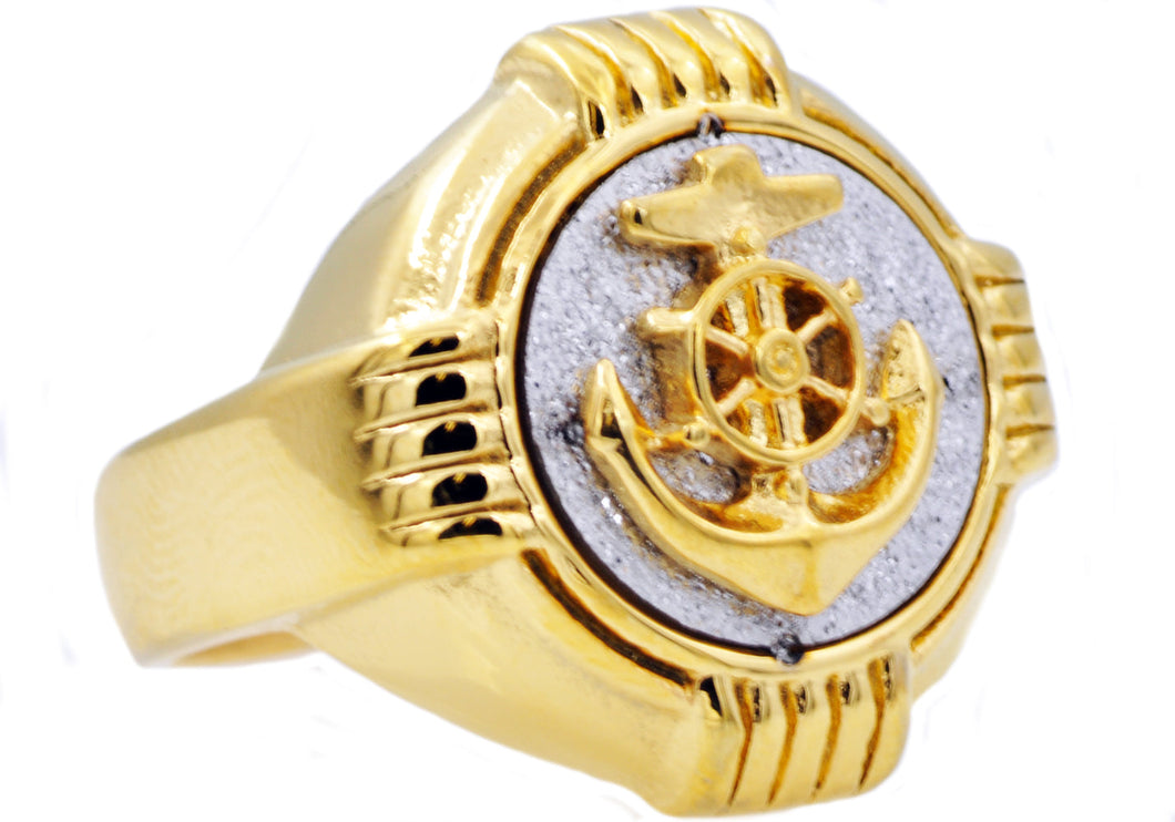 Mens Genuine Gold Stainless Steel Sandblasted Anchor Ring - Blackjack Jewelry
