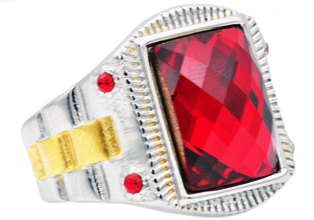 Mens Genuine Red Swarovski Crystal And Gold Stainless Steel Ring With Red Cubic Zirconia - Blackjack Jewelry