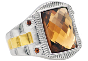Mens Genuine Champagne Swarovski Crystal And Gold Stainless Steel Ring With Champagne Cubic Zirconia - Blackjack Jewelry