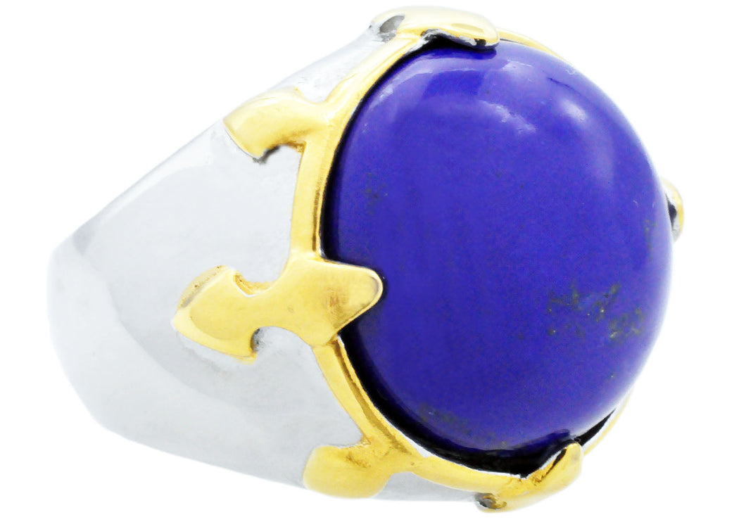 Mens Genuine Lapis Lazuli  And Gold Stainless Steel Ring - Blackjack Jewelry