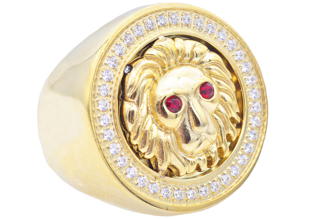 Mens Gold Stainless Steel Lion Ring With Red And White Cubic Zirconia - Blackjack Jewelry