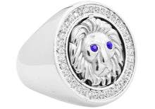 Load image into Gallery viewer, Mens Stainless Steel Lion Ring With Blue And White Cubic Zirconia - Blackjack Jewelry
