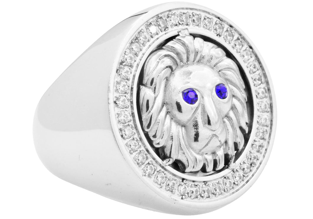 Mens Stainless Steel Lion Ring With Blue And White Cubic Zirconia - Blackjack Jewelry