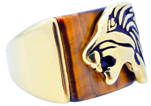 Mens Genuine Tiger Eye Gold Stainless Steel Lion Ring - Blackjack Jewelry
