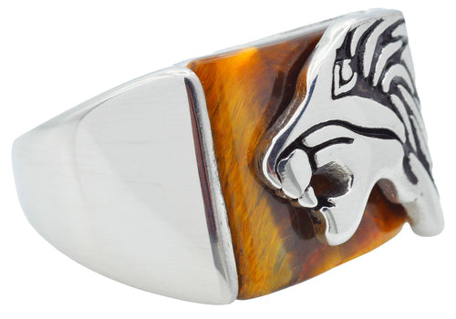 Mens Genuine Tiger Eye Stainless Steel Lion Ring - Blackjack Jewelry