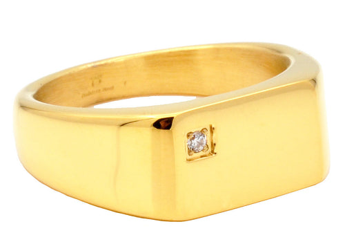 Mens Gold Plated Stainless Steel Signet Ring With Cubic Zirconia - Blackjack Jewelry