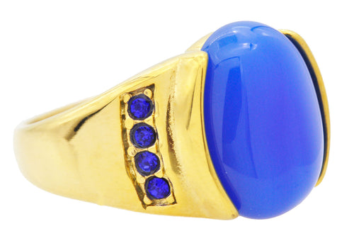 Mens Genuine Blue Agate And Gold Stainless Steel Ring With Blue Cubic Zirconia - Blackjack Jewelry