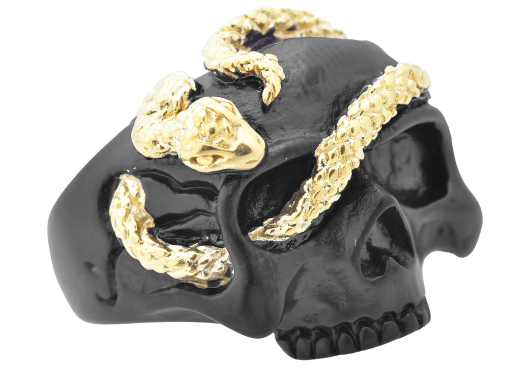 Mens Black And Gold Stainless Steel Skull And Snake Ring - Blackjack Jewelry