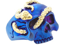 Load image into Gallery viewer, Mens Blue And Gold Stainless Steel Skull And Snake Ring - Blackjack Jewelry

