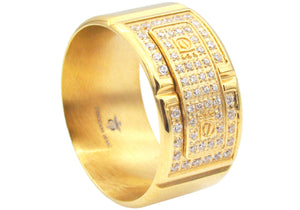 Mens Gold Plated Stainless Steel Ring With Cubic Zirconia - Blackjack Jewelry