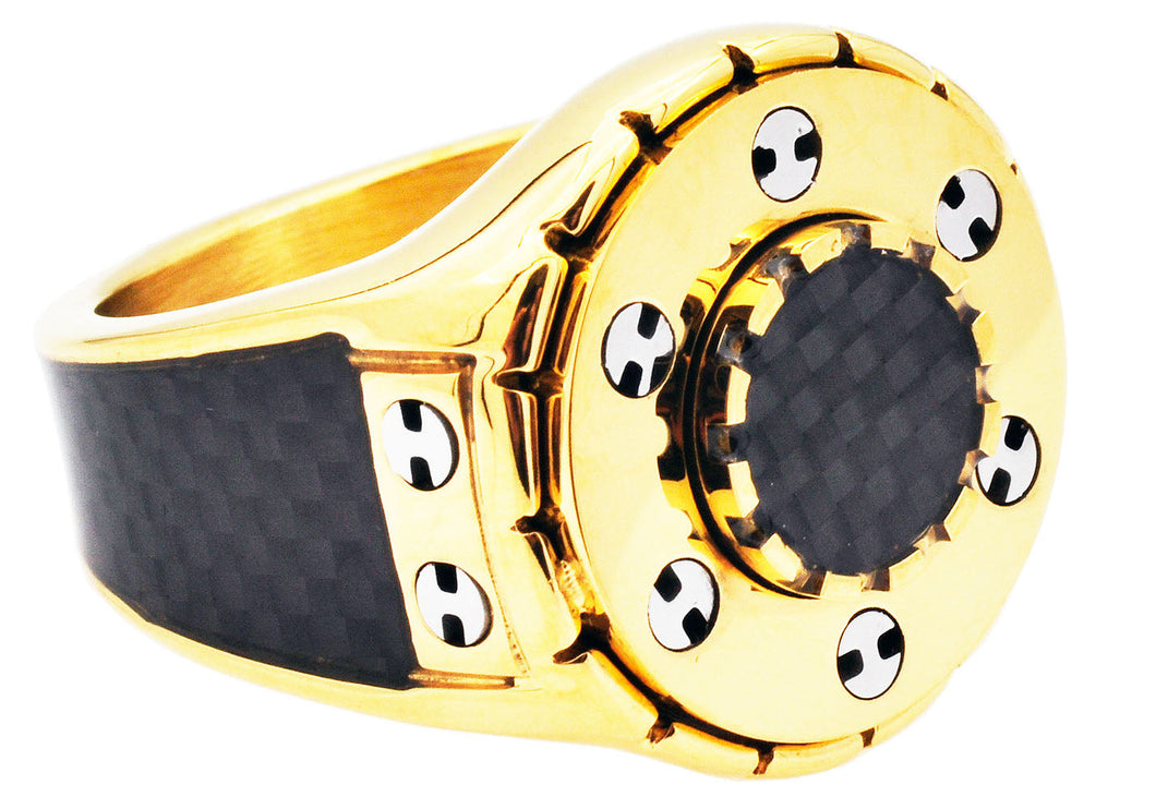 Mens Gold Plated Stainless Steel Ring With Carbon Fiber - Blackjack Jewelry