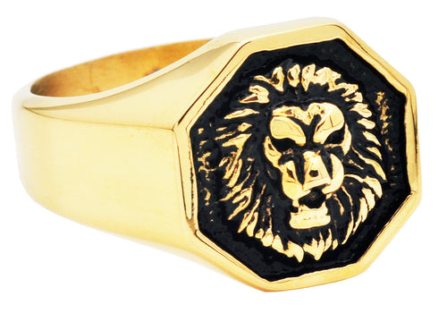 Mens Two-Toned Black and Gold Stainless Steel Lion Ring - Blackjack Jewelry