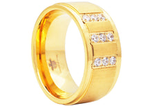 Load image into Gallery viewer, Mens 10mm Brushed Gold Plated Stainless Steel Ring With Cubic Zirconia - Blackjack Jewelry
