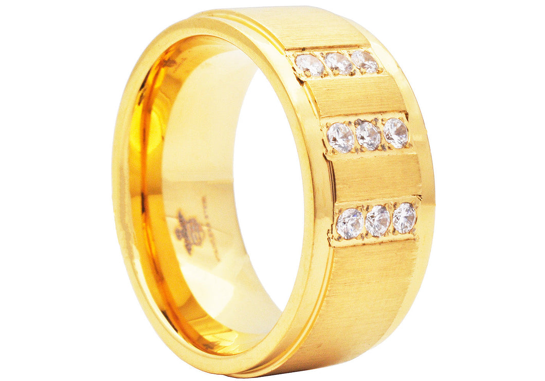 Mens 10mm Brushed Gold Plated Stainless Steel Ring With Cubic Zirconia - Blackjack Jewelry