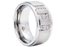 Load image into Gallery viewer, Mens 10mm Brushed Stainless Steel Ring With Cubic Zirconia - Blackjack Jewelry

