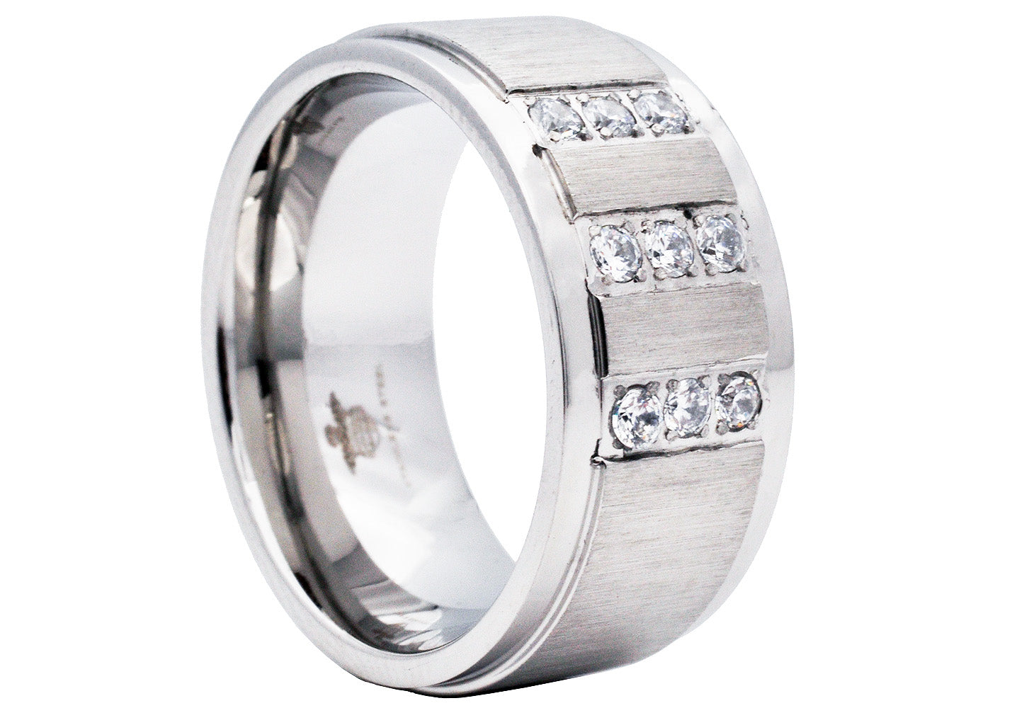 Mens 10mm Brushed Stainless Steel Ring With Cubic Zirconia