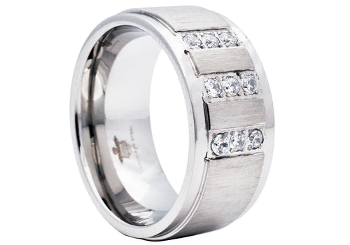 Mens 10mm Brushed Stainless Steel Ring With Cubic Zirconia - Blackjack Jewelry