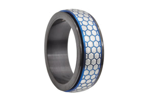 Mens Black And Blue Stainless Steel Spinner Band - Blackjack Jewelry
