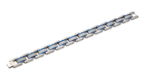 Mens Textured Stainless Steel Bracelet With Blue Plated Lines - Blackjack Jewelry