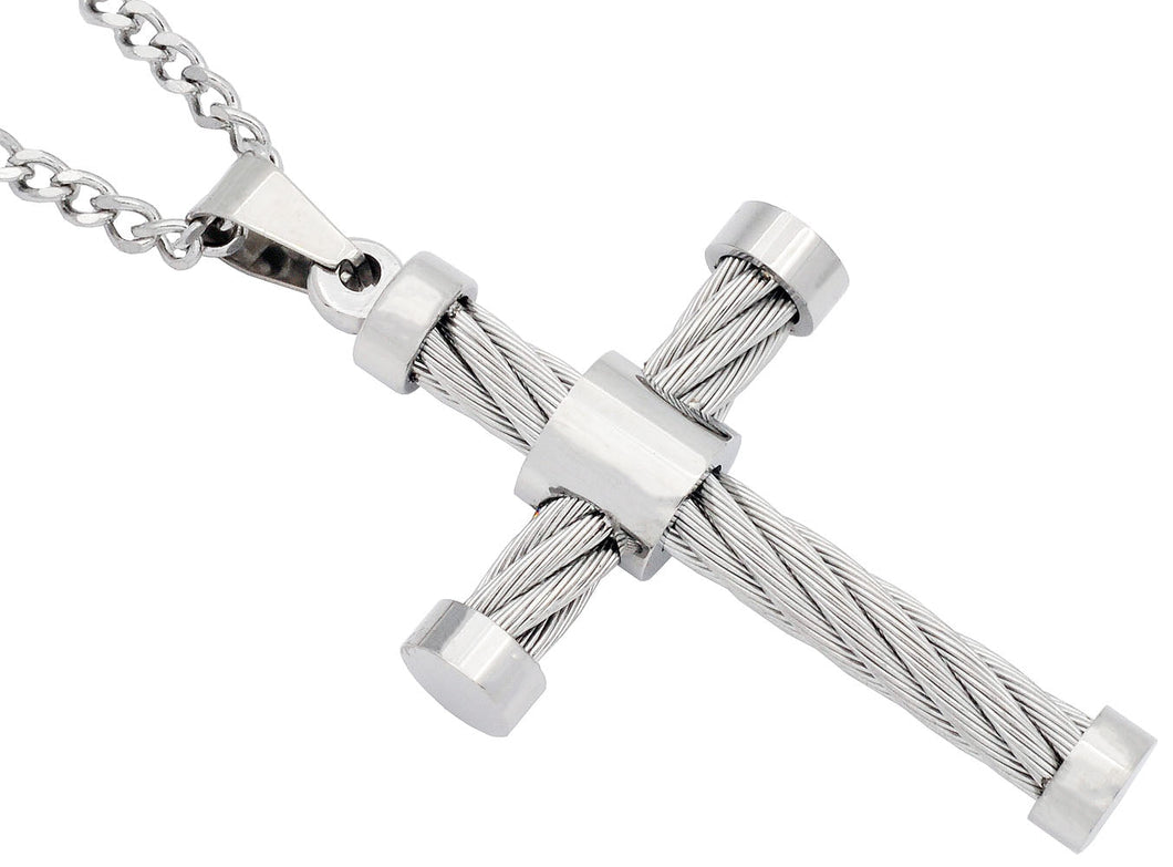 Mens Stainless Steel Cable Cross Pendant Necklace