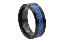 Load image into Gallery viewer, Mens Black Tungsten Band Ring With Blue Carbon Fiber - Blackjack Jewelry
