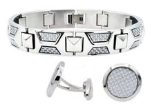 Load image into Gallery viewer, Mens Stainless Steel And White Carbon Fiber Bracelet And Cufflink Set - Blackjack Jewelry
